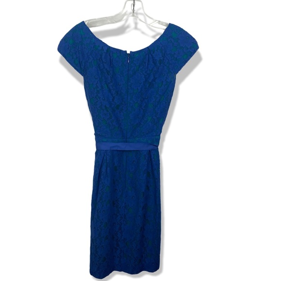 BCBGMaxAzria Lace Cap Sleeve Tie Front Royal Blue Scoop Neck Pockets Dress 6P - Picture 2 of 5
